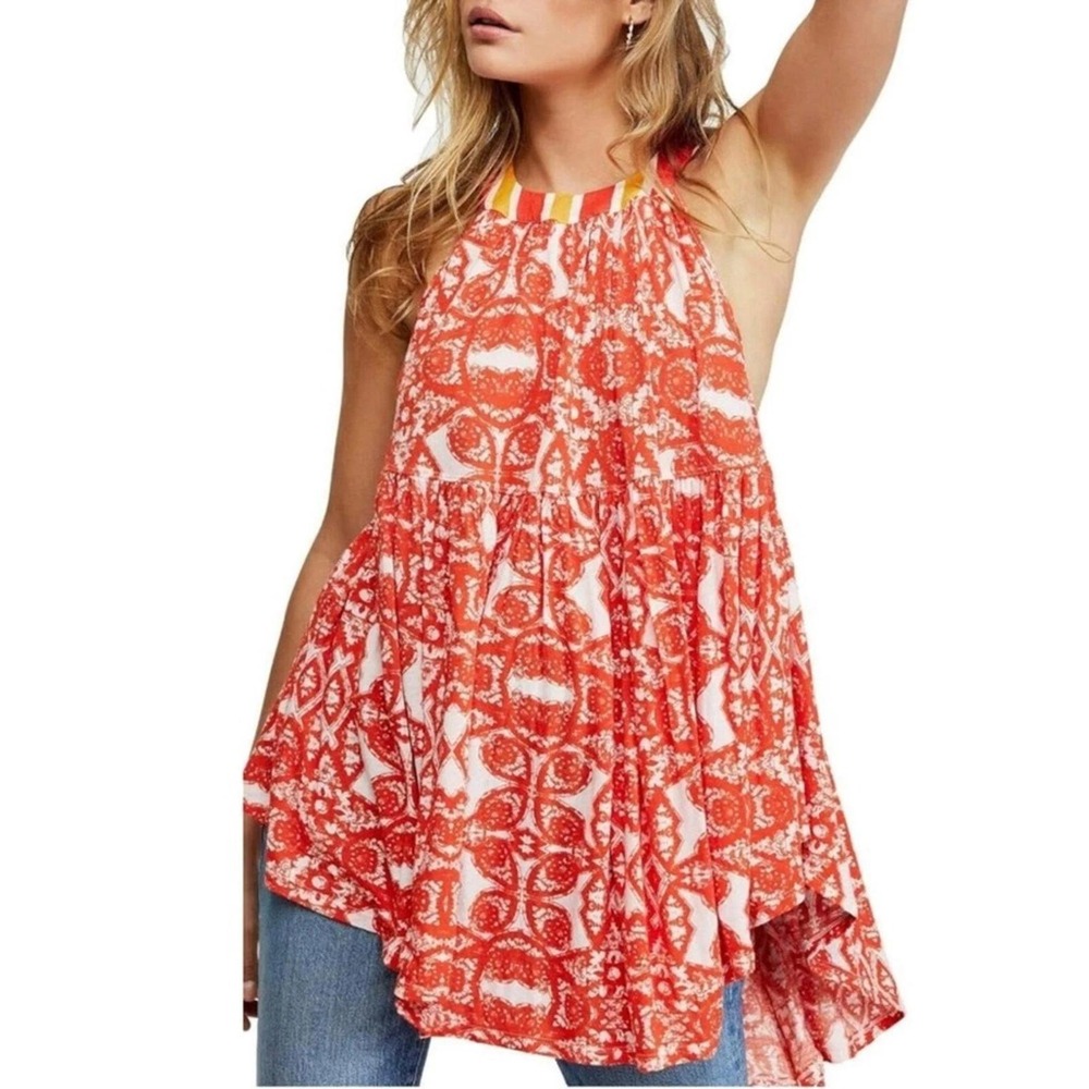 New Free People Mimi Halter Tunic Top Orange Floral Women Small Lavender Combo S